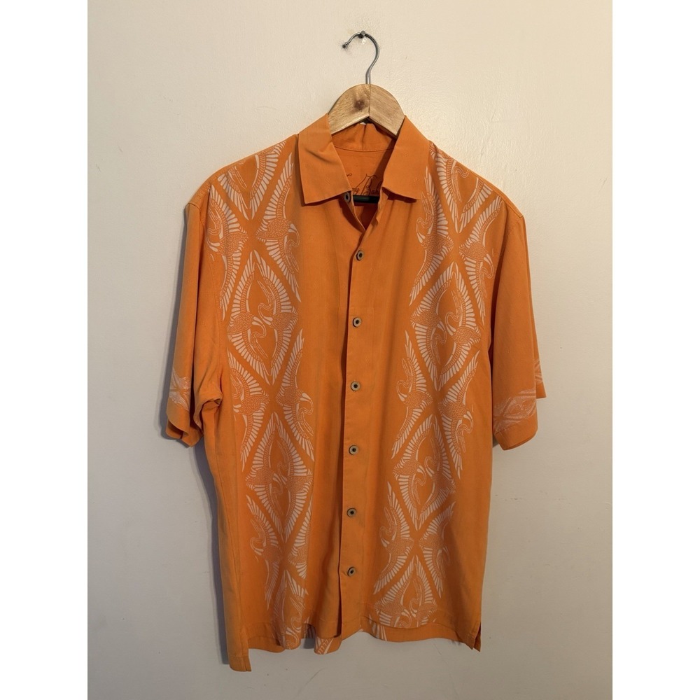 Tommy Bahama Mens Hawaiian Button Down Rare Shirt Silk Orange Cranes Tribal M